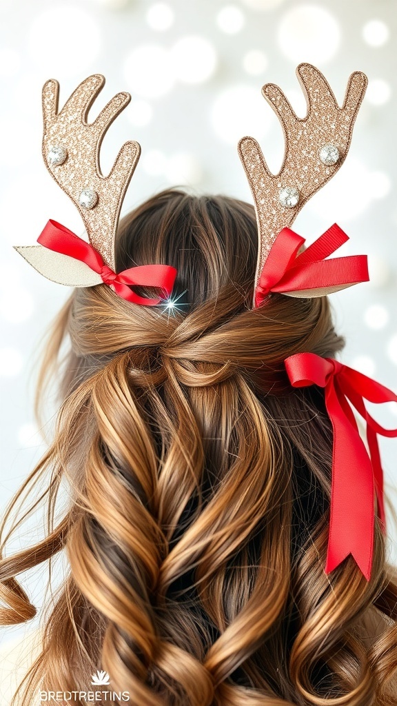 A creative Christmas hairstyle with deer antlers and festive accessories, perfect for holiday celebrations.